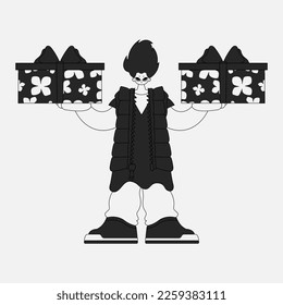 A unique man is holding a gift box. Linear style character.