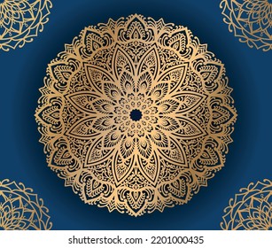 Unique mandala background with golden and dark blue color.
