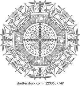 A unique mandala inspired by drum sets and rock & roll, perfect for coloring or as a tattoo design.