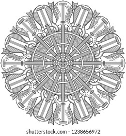 A unique mandala inspired by guitars and rock & roll, perfect for coloring or as a tattoo design.