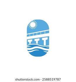 unique and memorable vector logo of bridge and river with sunrise