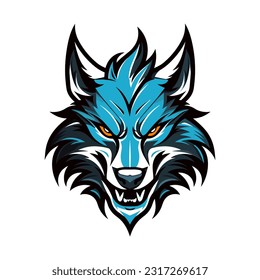 Unique and mesmerizing blue wolf head illustration, hand drawn with intricate details. Perfect for logo designs that exude power and wild spirit