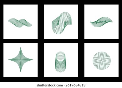 Unique minimalist green line art elements with geometric curves and circular patterns for stylish visual content creation.