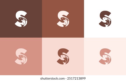 O logotipo exclusivo minimalista do peixe do ícone S com ilustração colorida do projeto do vetor do ícone