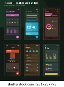 Unique mobile app ui kit screens for spending insights analytics and user engagement metrics. Features editable designs modern color schemes and data visualization.