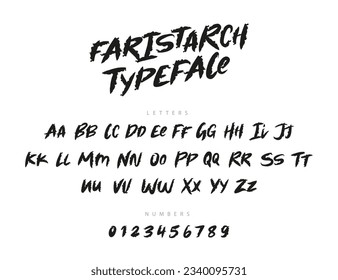 Unique modern brush font. English alphabet and numbers drawn by hand with a brush. Lettering. Latin alphabet. Vector alphabet on a white background.