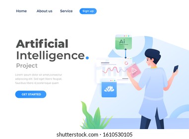 Concepto moderno de diseño plano de Inteligencia Artificial para sitio web y sitio web móvil. Plantilla de página de destino. Fácil de editar y personalizar. Ilustración del vector