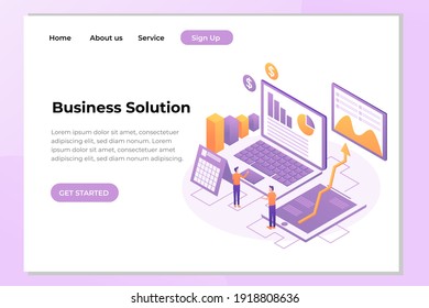 Unique Modern flat design concept of Business Solution Landing page. People interacting with charts and analyzing statistics. Easy to edit and customize. Vector illustration
