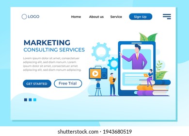 Einzigartiges, modernes Flachdesign-Konzept von Marketing Consulting Services für Website und mobile Website. Landing Page Template. Einfache Bearbeitung und Anpassung. Vektorgrafik