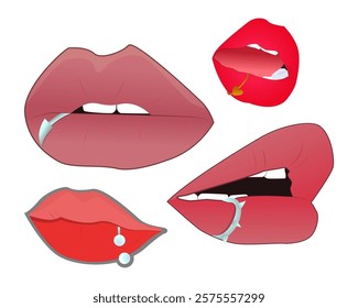 A unique and modern illustration set featuring various types of lip piercing designs. Ideal for fashion design, posters, piercing studio branding, social media, and merchandise products.