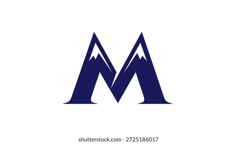 Un diseño de logotipo único y moderno con la letra M, inteligentemente integrado con dos picos de montaña, completo con gorros de nieve blancos, sobre un fondo blanco limpio.