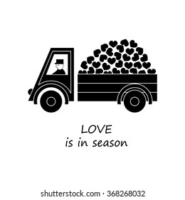 Unique modern logotype with with hearts on a car. Vector illustration on Valentines Day. Flat design of car full of hearts. Modern vector illustration concept, isolated on white background.