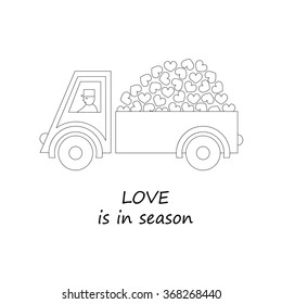 Unique modern logotype with with hearts on a car. Vector illustration on Valentines Day. Thin line flat design of car full of hearts. Modern vector illustration concept, isolated on white background. 