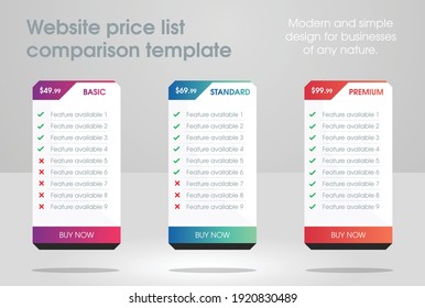 unique and modern website business plan template with three price list comparison tables with beautiful colors. Best for professional web design or other business related posters and menus. 