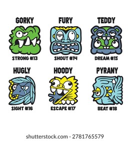 Unique monster head illustrations with names and attributes, vector character pack for digital card games, expressive faces with bold colors and lines, numbered monster icons set.