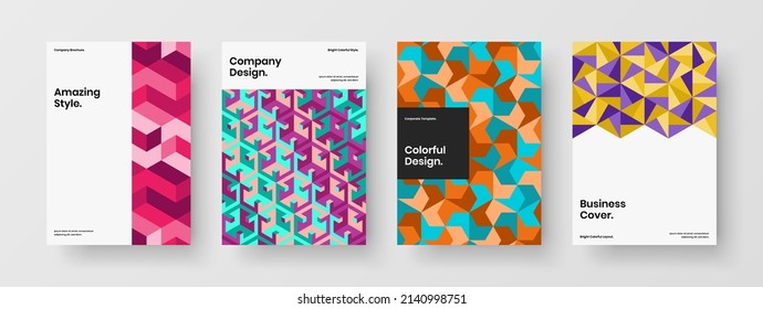 Unique mosaic hexagons catalog cover layout set. Creative corporate identity design vector concept composition.