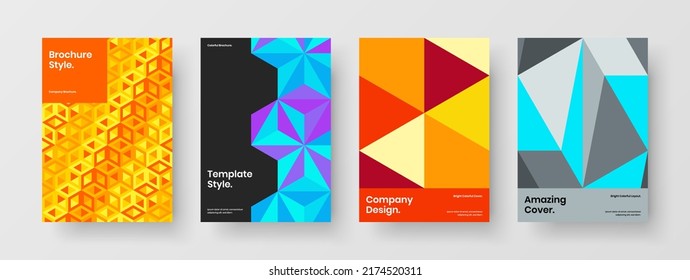 Unique mosaic hexagons company brochure template collection. Vivid magazine cover vector design concept bundle.