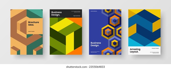 Unique mosaic hexagons company identity template composition. Abstract journal cover design vector illustration set.