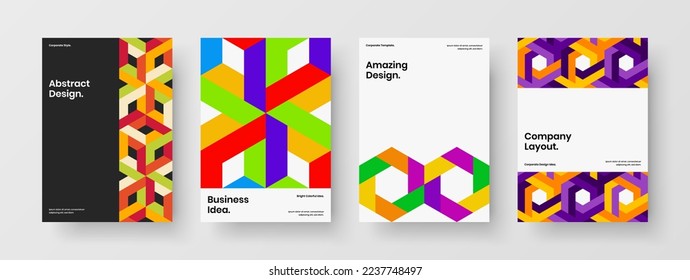 Unique mosaic hexagons poster layout composition. Vivid cover A4 design vector illustration set.