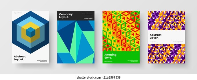 Unique mosaic shapes corporate brochure layout set. Isolated front page A4 vector design template composition.