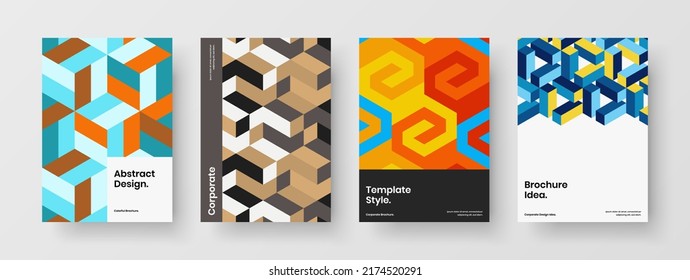 Unique mosaic shapes front page template set. Multicolored cover A4 vector design layout collection.