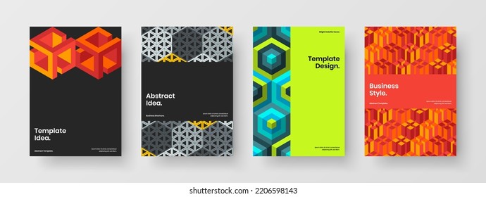 Unique mosaic shapes presentation illustration bundle. Colorful magazine cover A4 vector design layout set.