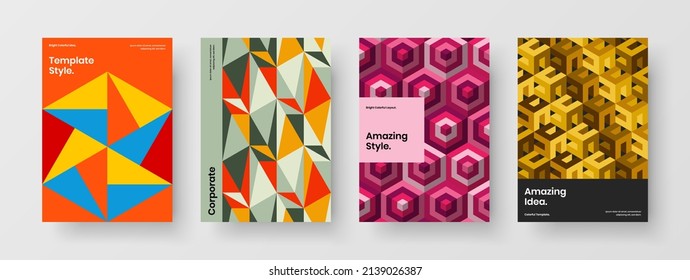 Unique mosaic tiles annual report illustration composition. Colorful handbill design vector layout collection.