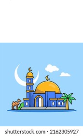 a unique mosque-shaped image with bright clouds and forest animals