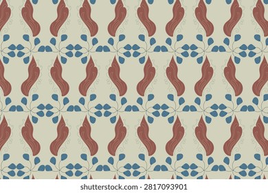 A unique motif of rust-brown stems topped with blue beaded blooms on warm beige, ideal for boutique branding, tote bags, and modern folk apparel.