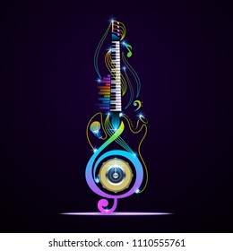 Unique musical instruments on black background. Vector instruments design.