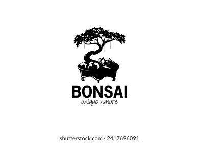 Unique natural bonsai tree logo design, abstract art tree vector silhouette