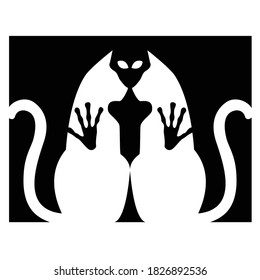 Unique negative space cats and alien looking.Black and white.Simple,vector.