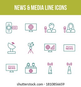 Conjunto de iconos de línea de vectores de medios y noticias únicos