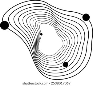 Unique and nice distorted patterned fluid shape surrounded by black balls like a black hole, suitable for display backgrounds, wallpapers