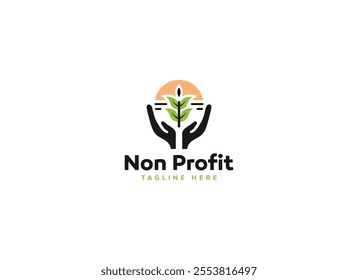 Unique Nonprofit Logo Vector Design, Creative Templates for Charity with Hand Leaf Tree Sun