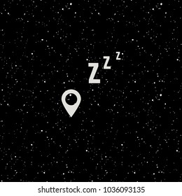 Unique nursery kid poster with map point, handdrawn cut letters 'Zzz' snoring on starry night sky background in scandinavian style. Vector illustration.