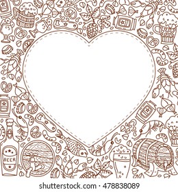 Unique Oktoberfest illustration. Barrel, mug, beer, cancer, hops and other characters. Vector hand drawn doodles.