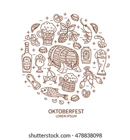 Unique Oktoberfest illustration. Barrel, mug, beer, cancer, hops and other characters. Vector hand drawn doodles.