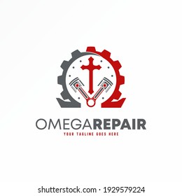 Unique Omega, Christian cross, Piston, and gear image graphic icon logo design abstract concept vector stock. Can be used as a symbol related to the workshop or science