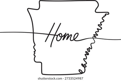 Dibujo único de una línea que forma el contorno del límite del territorio del estado de Arkansas lleno de texto cursivo Home conectado que ilustra perfectamente la conexión con el lugar de residencia, el sentido de pertenencia y la representación de la geografía del estado interior.