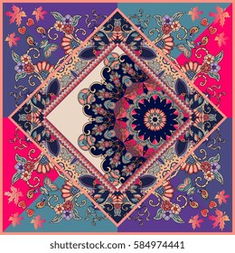 Unique ornamental pattern in ethnic style with flower mandala and unusual frame. Diagonal composition. Print for spanish shawl. Manton.