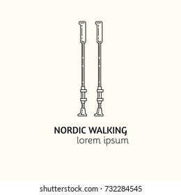 Unique outline style vector logotype template with nordic walking sticks. Editable Stroke Vector Icon. Clean and minimalist symbol perfect for your business. Active lifestyle concept.
