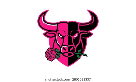 Unique ox emblem combining raw strength with romantic floral elements.