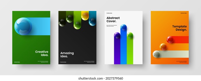 Unique pamphlet A4 design vector illustration bundle. Vivid 3D balls company identity concept composition.