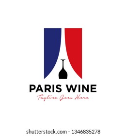 unique Paris wine logo design vector template illustration. consisting of a wine glass icon, French flag and eiffel Tower on negative. Paris bar, Paris restaurant, Paris winery symbol icon 