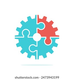 Unique part of jigsaw puzzle cog. Uniqueness, creativity, solution, inclusiveness, variety and industry concept. Flat design. EPS 8 vector illustration, no transparency, no gradients