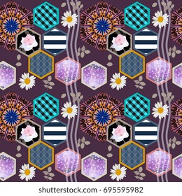 Unique patchwork pattern with hexagonal patches, abstract waves and garden flowers. Vector summer design.