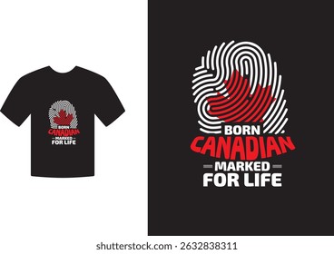 A unique patriotic T-shirt design featuring a Canadian maple leaf embedded within a fingerprint symbol. This bold vector graphic represents national identity, pride, and belonging — perfect for Canada