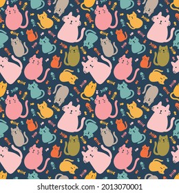 unique pattern of cat cute animals hand drawing with icons and design elements