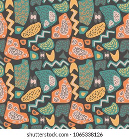 Unique pattern with collage of chaotic colorful shapes and stains. Vector seamless pattern.